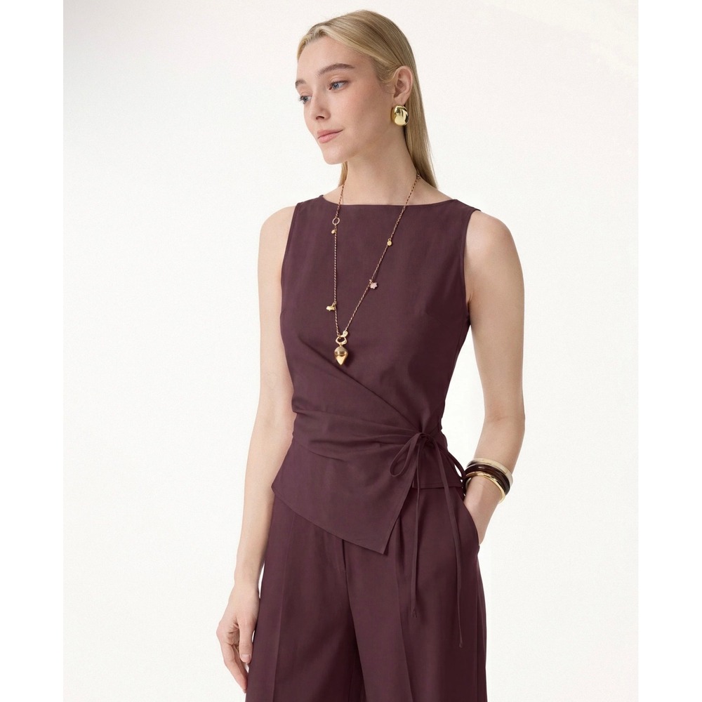 OGL Lyocell Linen Boatneck Waist Defined Side Tie Top Purple Large 260414-3386W